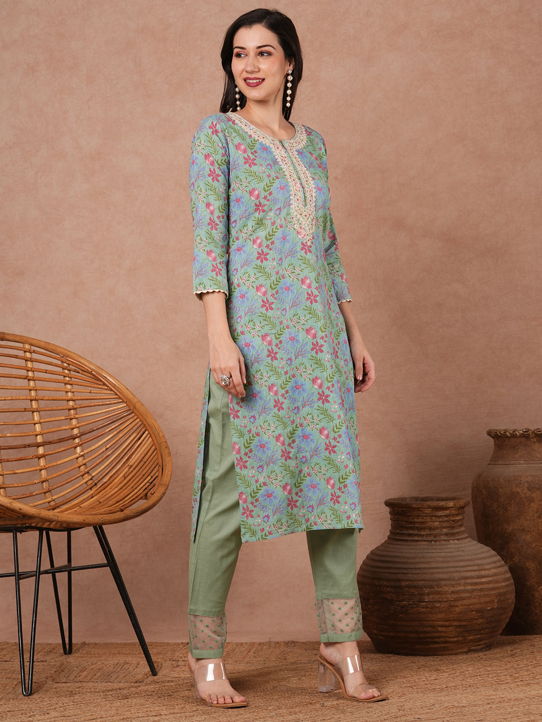 Ethnic Floral Printed Embroidered Straight Fit Kurta - Mint Green