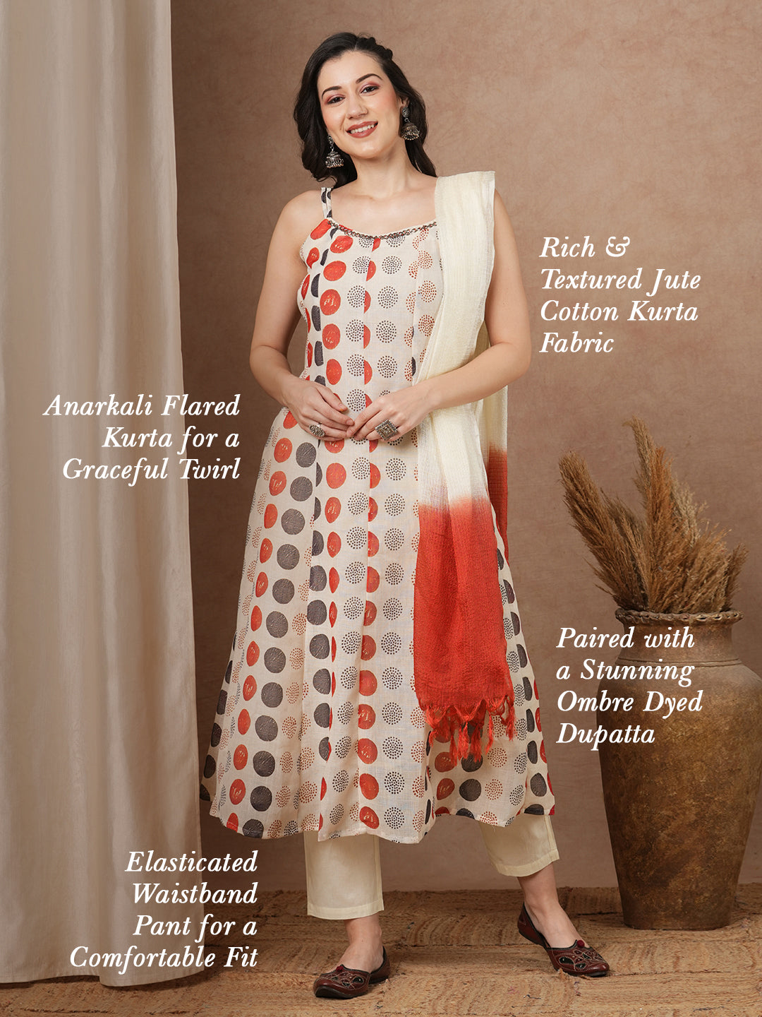 Polka Dot Printed Anarkali Flared Kurta with Pant & Ombre Dupatta - Cream