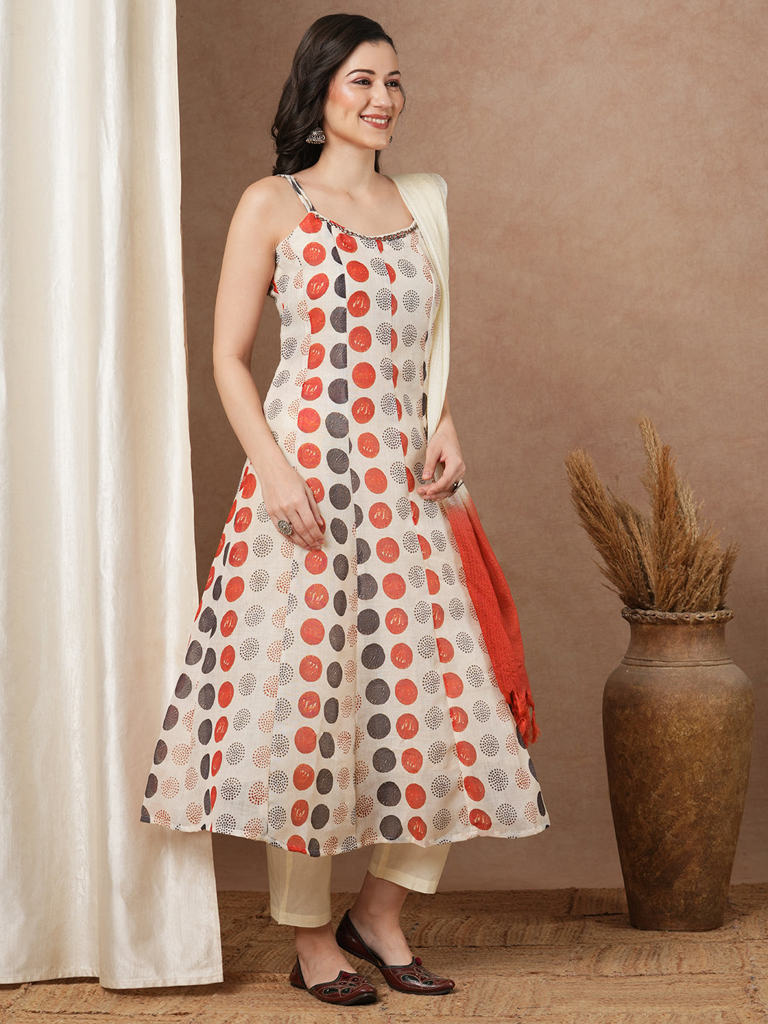 Polka Dot Printed Anarkali Flared Kurta with Pant & Ombre Dupatta - Cream
