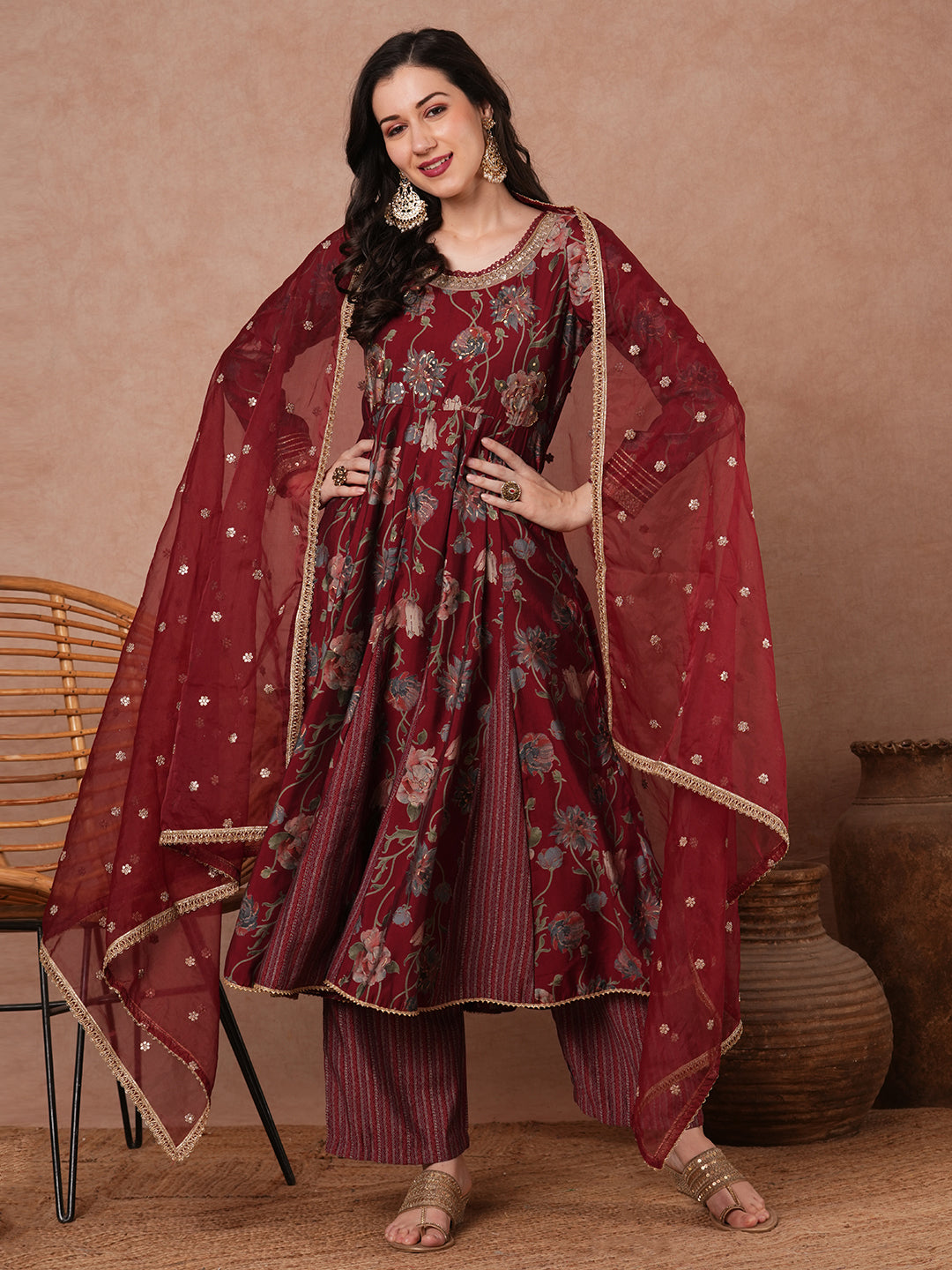 Abstract Floral Foil Printed Embroidered Anarkali Flared Kurta with Palazzo and Dupatta - Maroon