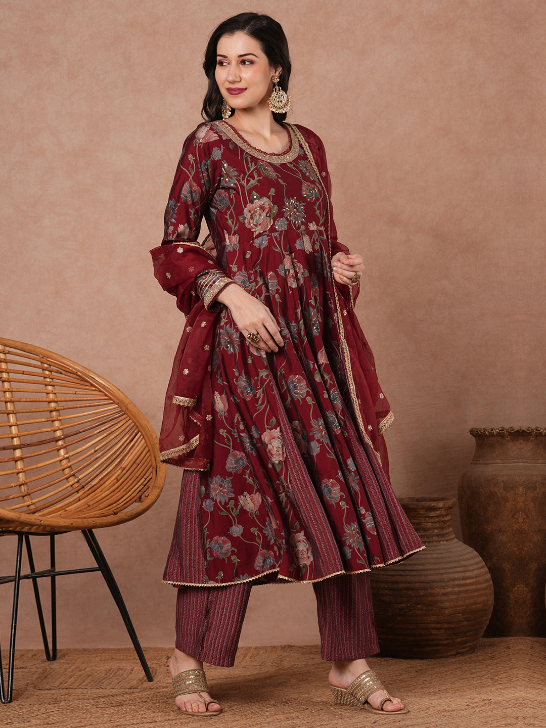 Abstract Floral Foil Printed Embroidered Anarkali Flared Kurta with Palazzo and Dupatta - Maroon