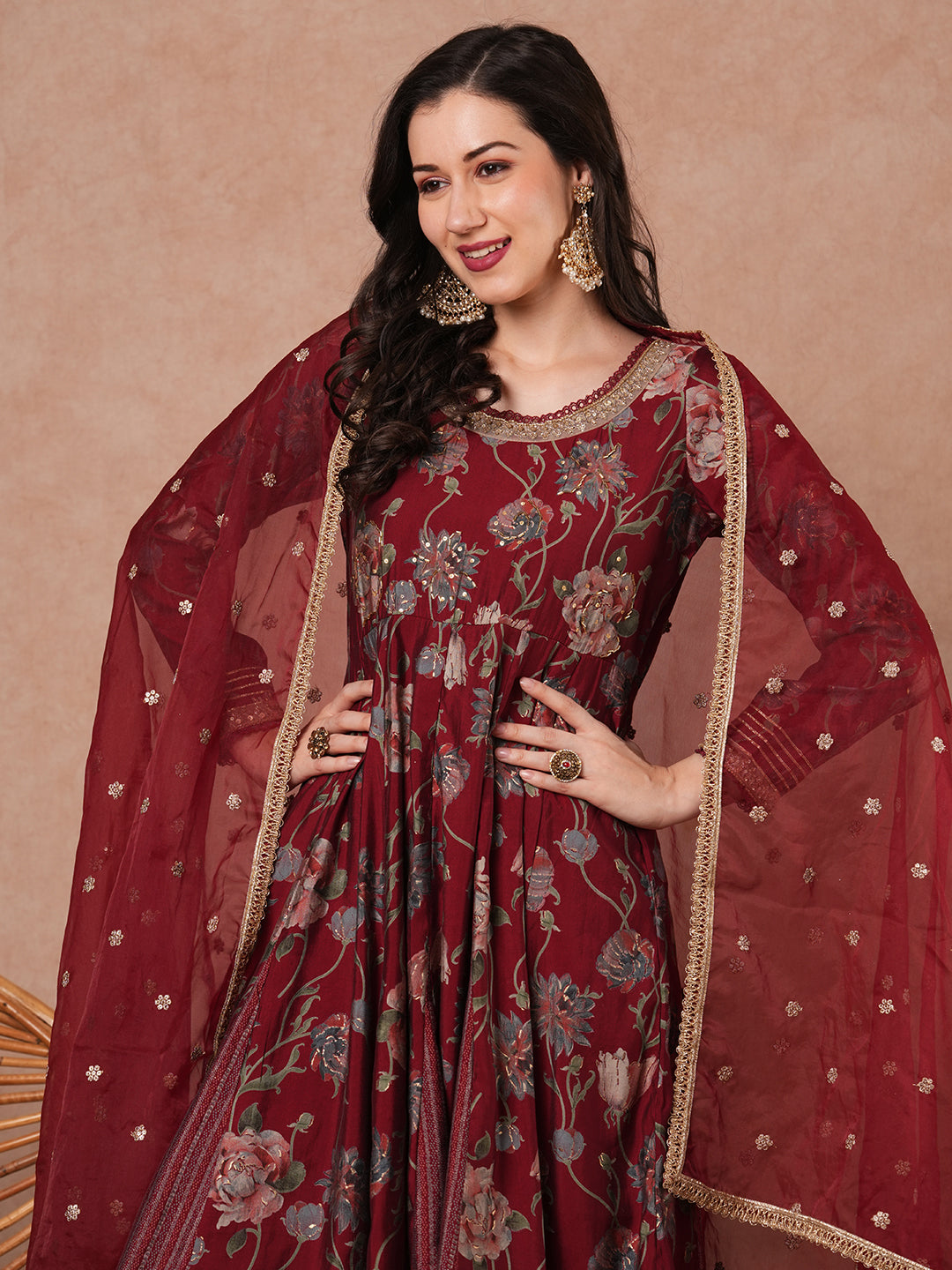 Abstract Floral Foil Printed Embroidered Anarkali Flared Kurta with Palazzo and Dupatta - Maroon