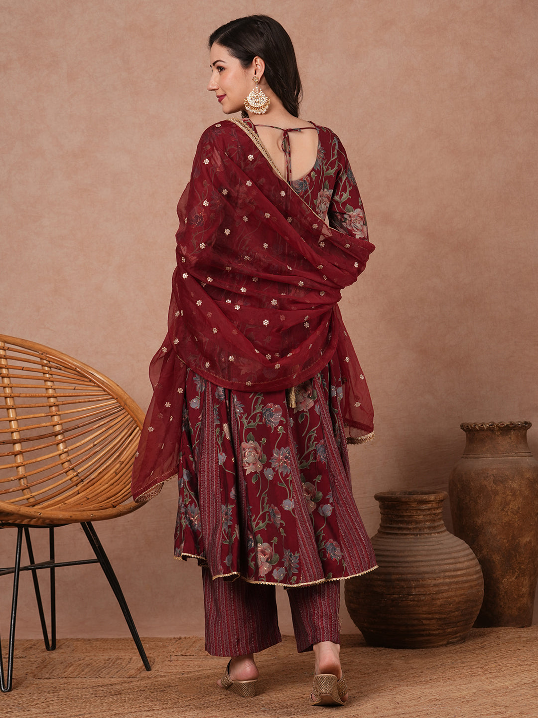 Abstract Floral Foil Printed Embroidered Anarkali Flared Kurta with Palazzo and Dupatta - Maroon