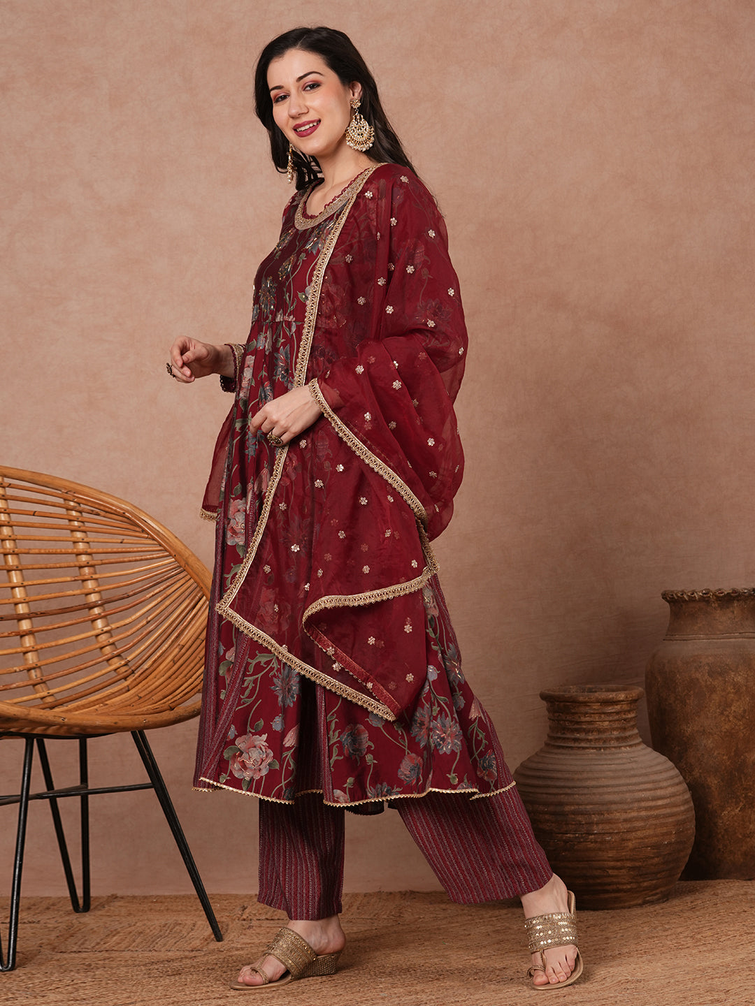 Abstract Floral Foil Printed Embroidered Anarkali Flared Kurta with Palazzo and Dupatta - Maroon