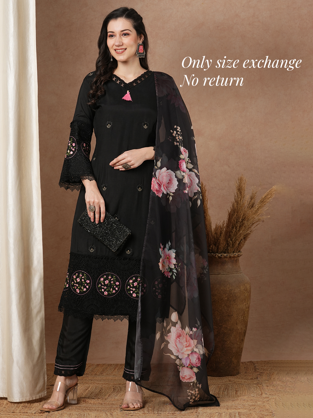 Solid Embroidered Straight Fit Kurta with Pant and Printed Dupatta - Black
