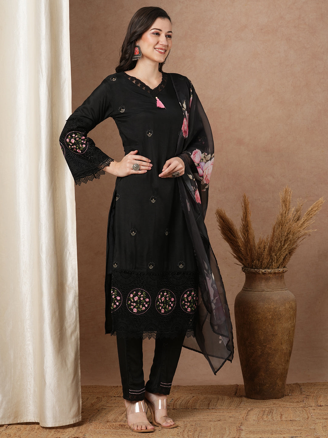 Solid Embroidered Straight Fit Kurta with Pant and Printed Dupatta - Black