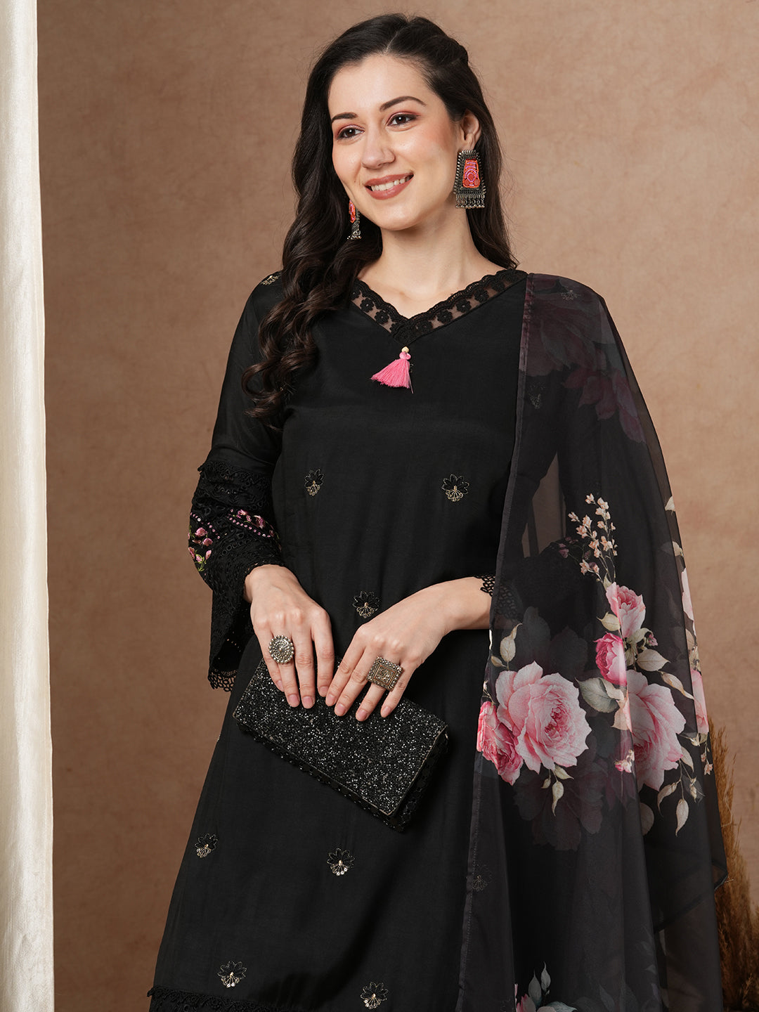 Solid Embroidered Straight Fit Kurta with Pant and Printed Dupatta - Black