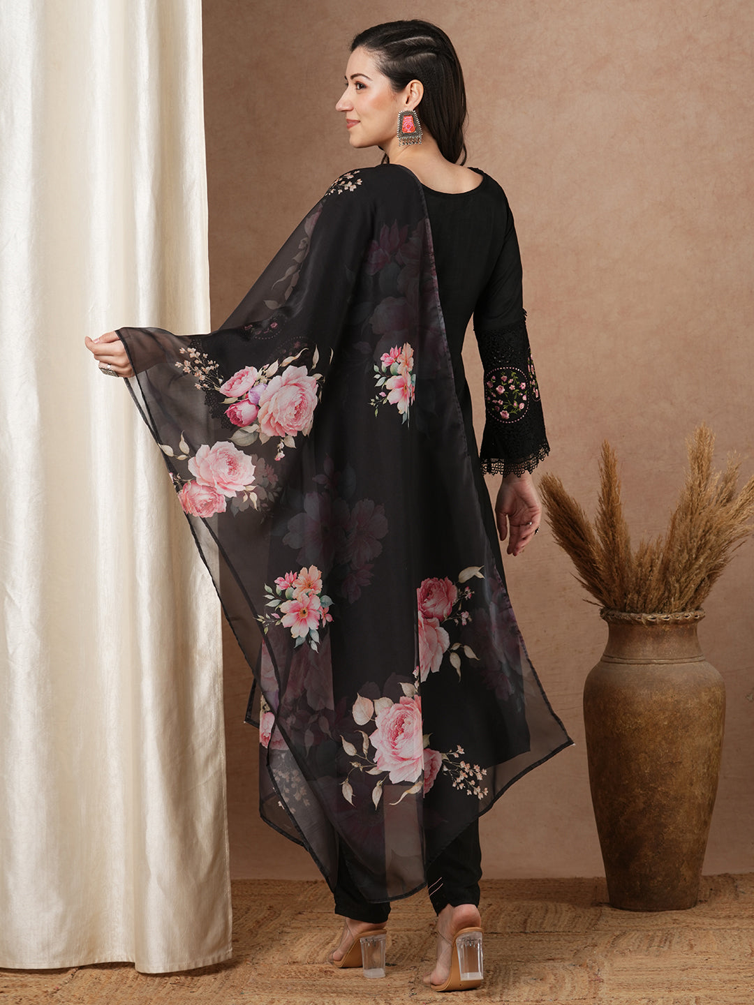 Solid Embroidered Straight Fit Kurta with Pant and Printed Dupatta - Black