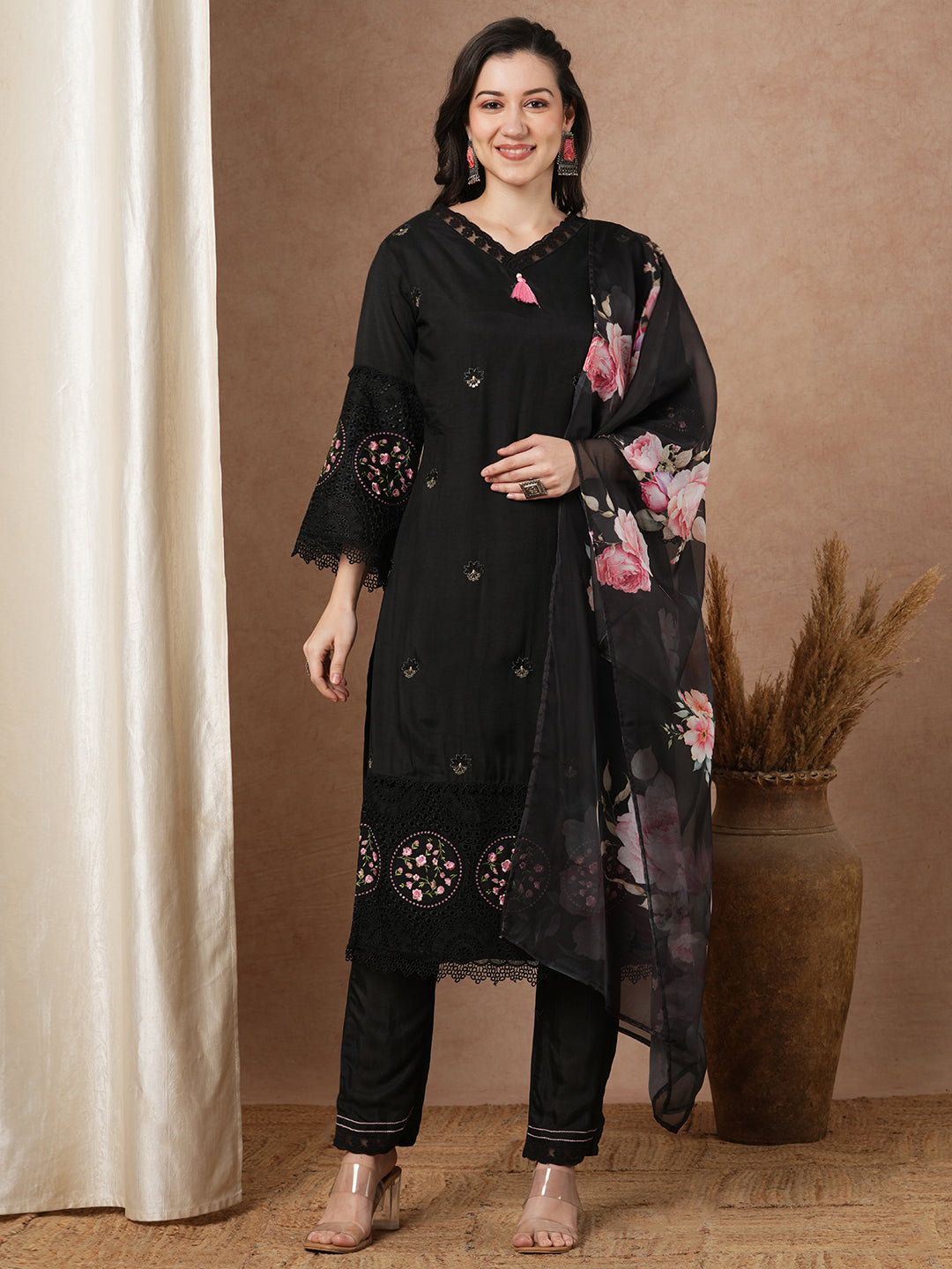 Solid Embroidered Straight Fit Kurta with Pant and Printed Dupatta - Black