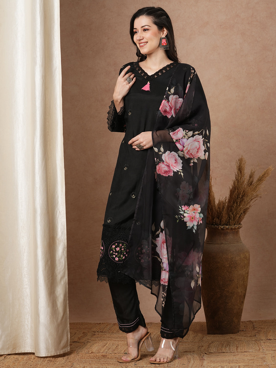Solid Embroidered Straight Fit Kurta with Pant and Printed Dupatta - Black