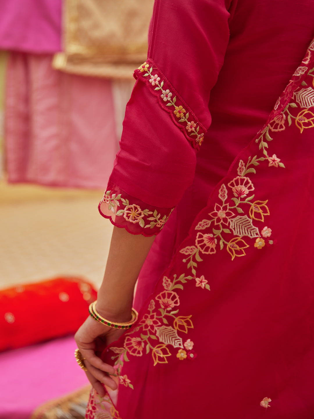 Solid Floral Hand Embroidered Straight Kurta with Pant & Dupatta - Pink