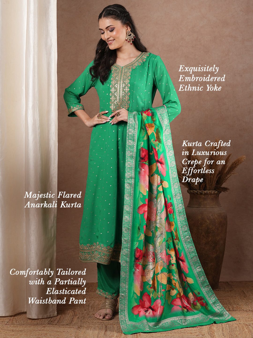 Solid Foil Printed Embroidered Anarkali Flared Kurta with Pant and Printed Dupatta - Green