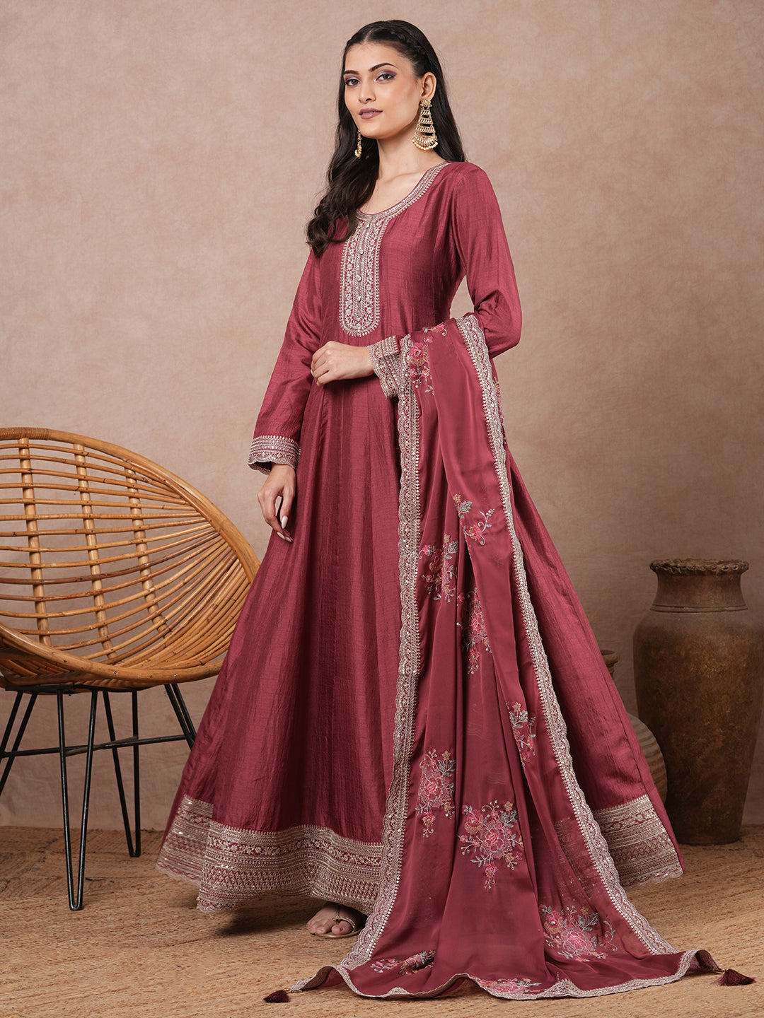 Solid Ethnic Embroidered Anarkali Flared Maxi Dress with Dupatta - Pink