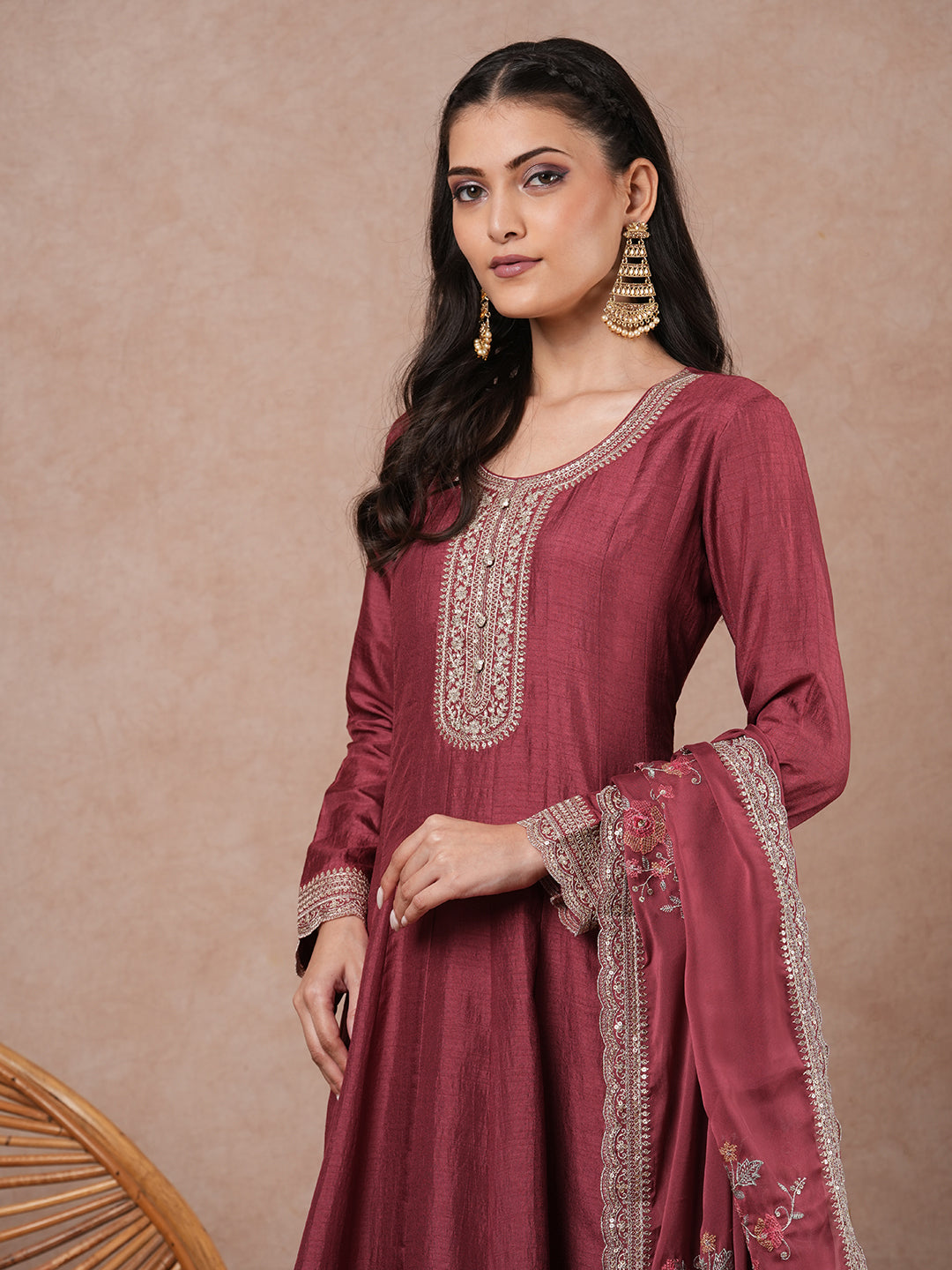 Solid Ethnic Embroidered Anarkali Flared Maxi Dress with Dupatta - Pink