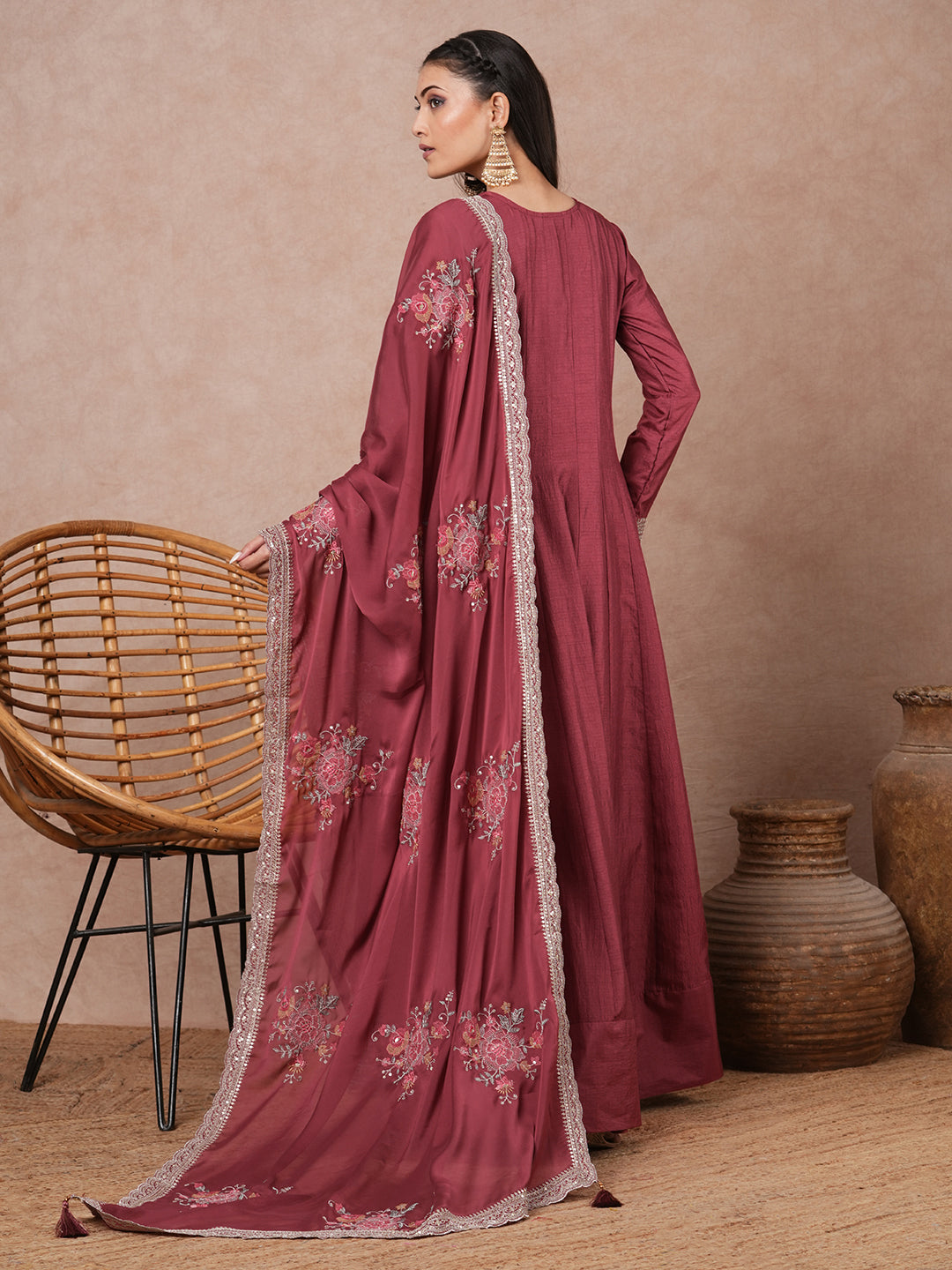 Solid Ethnic Embroidered Anarkali Flared Maxi Dress with Dupatta - Pink