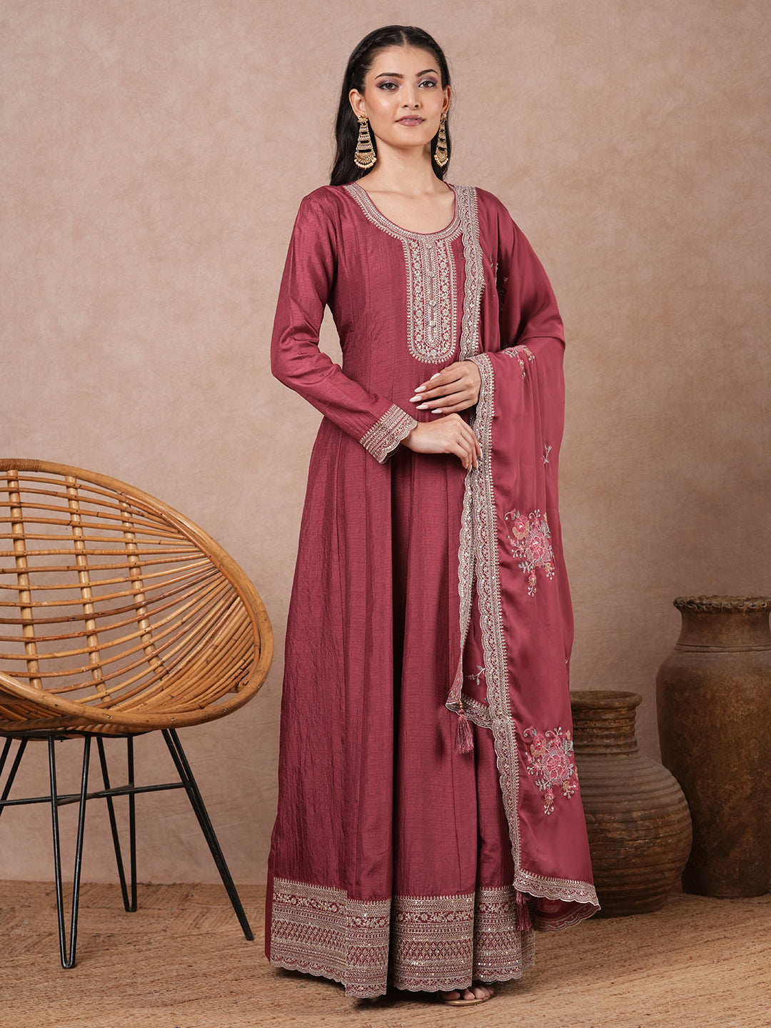 Solid Ethnic Embroidered Anarkali Flared Maxi Dress with Dupatta - Pink