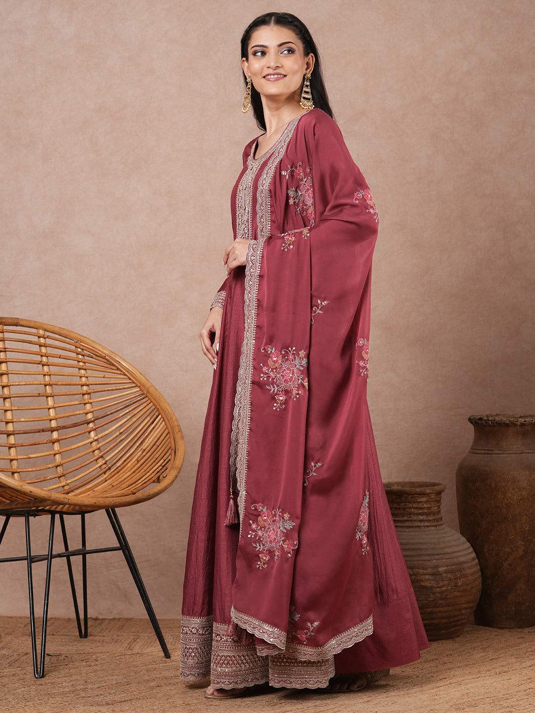 Solid Ethnic Embroidered Anarkali Flared Maxi Dress with Dupatta - Pink