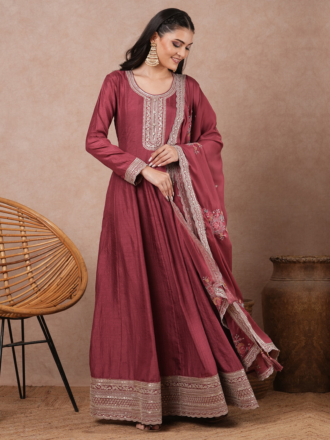 Solid Ethnic Embroidered Anarkali Flared Maxi Dress with Dupatta - Pink