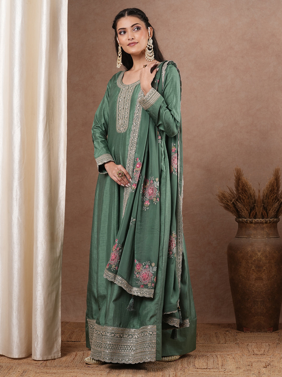 Solid Ethnic Embroidered Anarkali Flared Maxi Dress with Dupatta - Green