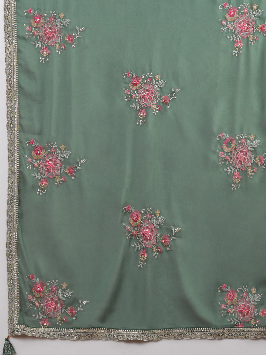 Solid Ethnic Embroidered Anarkali Flared Maxi Dress with Dupatta - Green