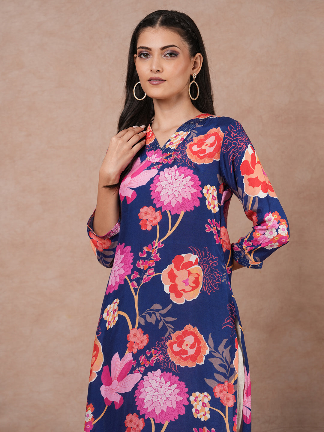 Abstract Floral Printed Straight Fit Kurta - Blue