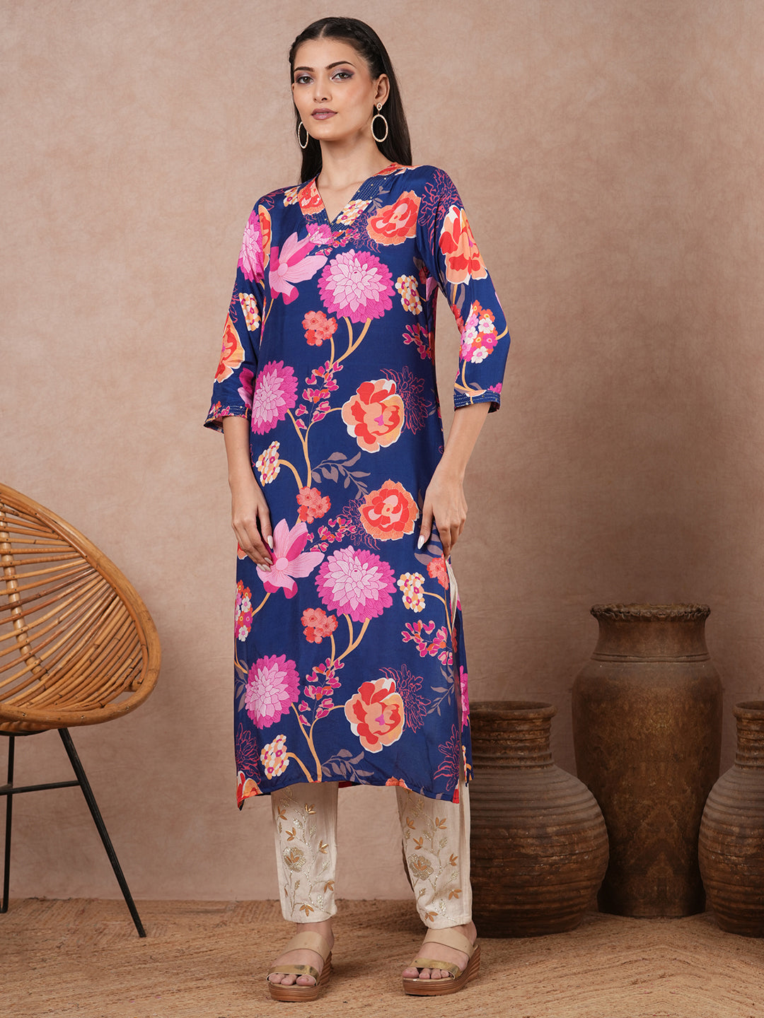 Abstract Floral Printed Straight Fit Kurta - Blue