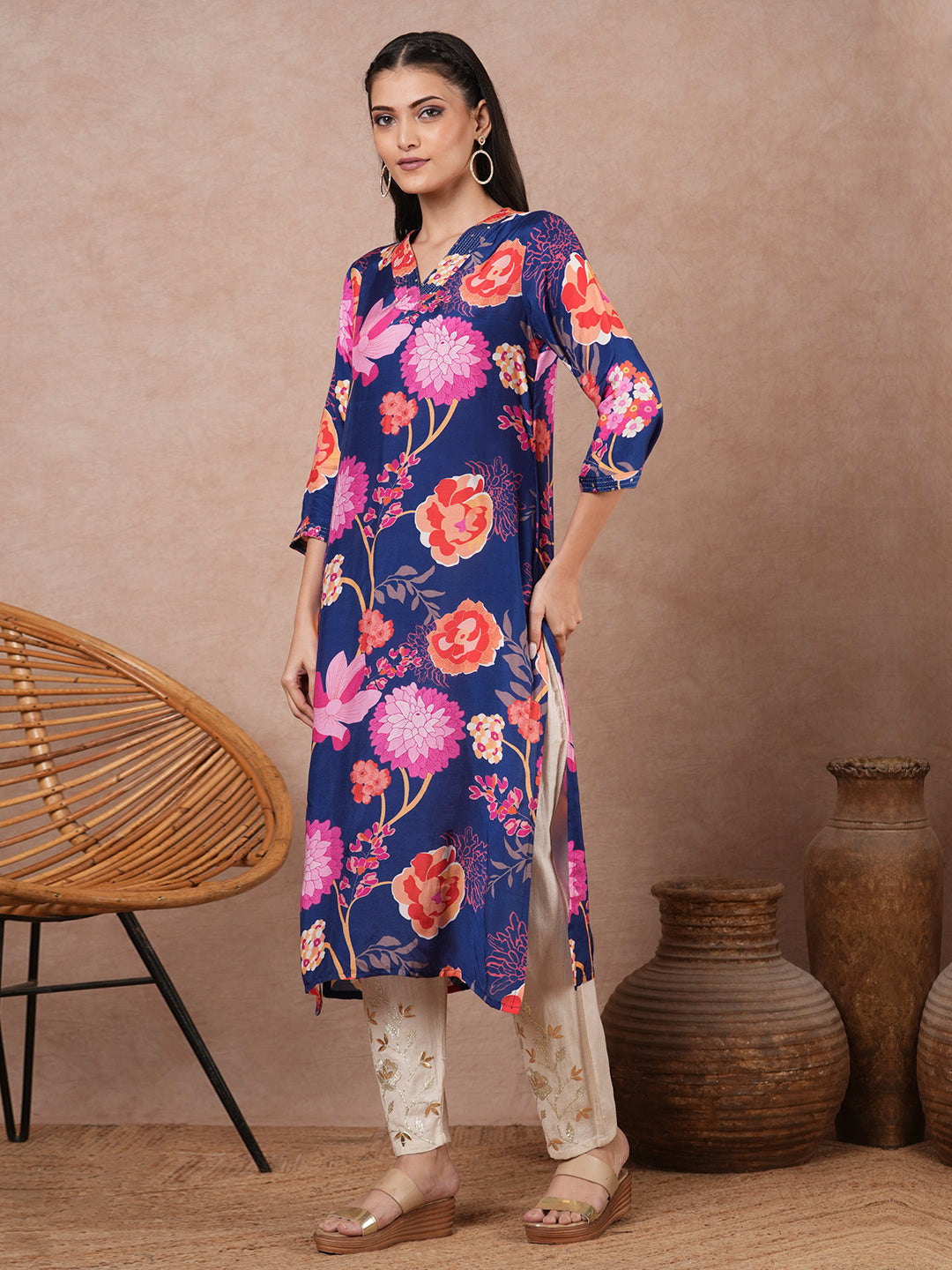 Abstract Floral Printed Straight Fit Kurta - Blue