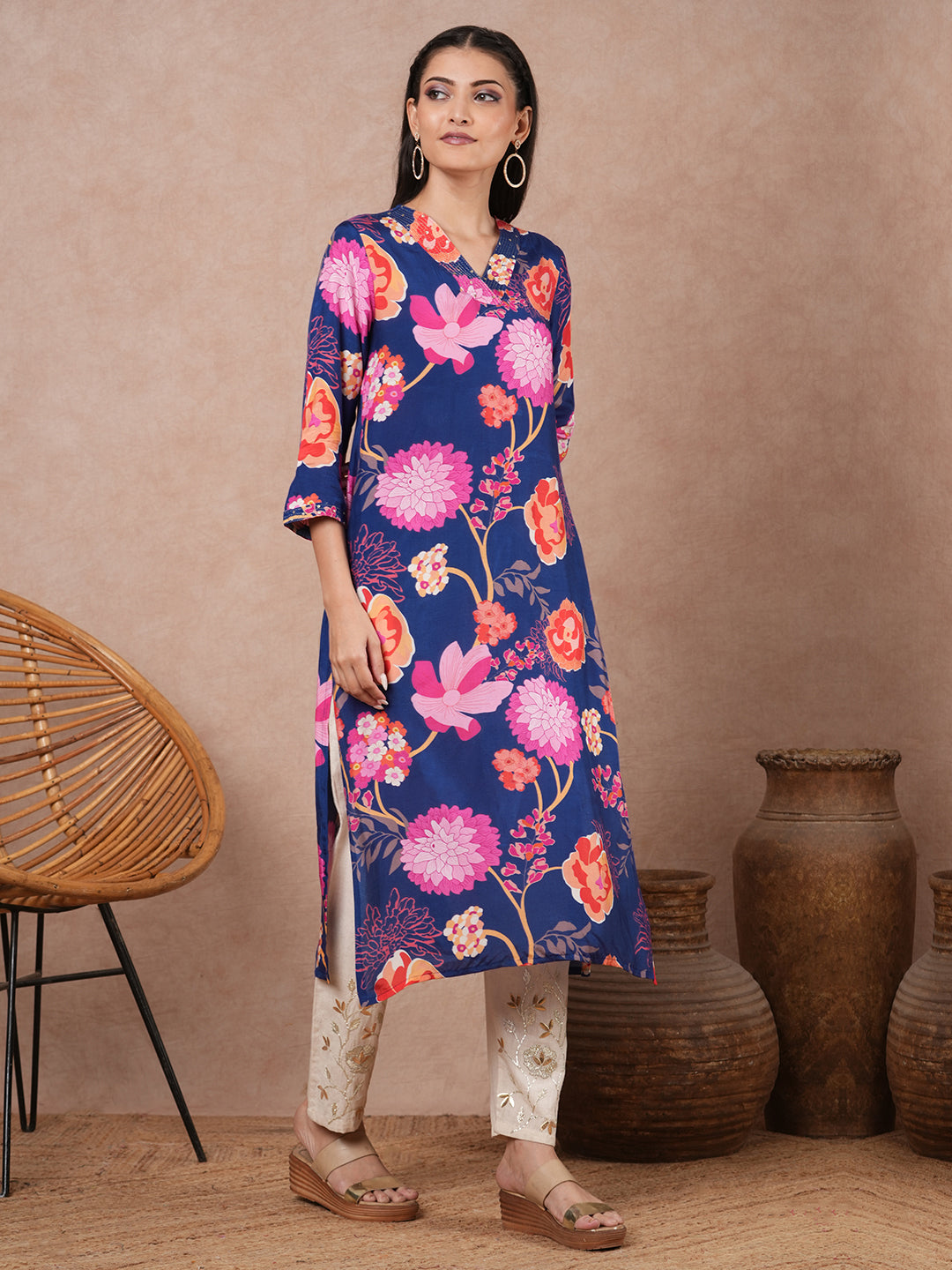 Abstract Floral Printed Straight Fit Kurta - Blue