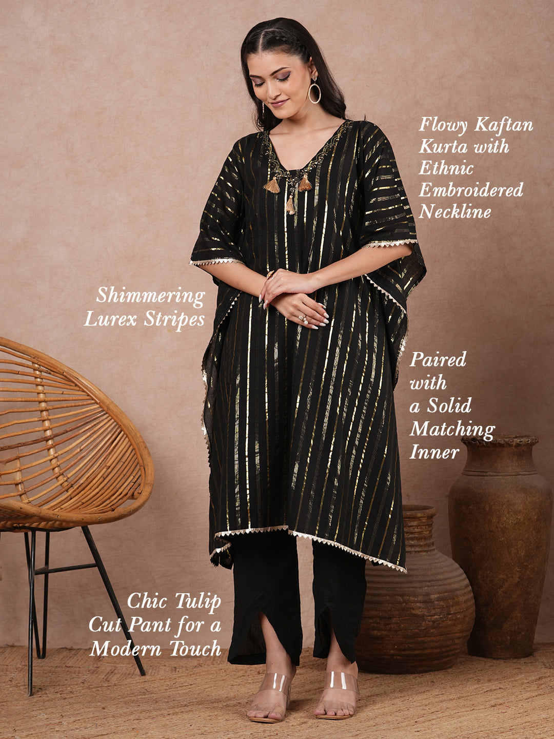 Lurex Striped & Embroidered Kaftan Kurta with Pant - Black