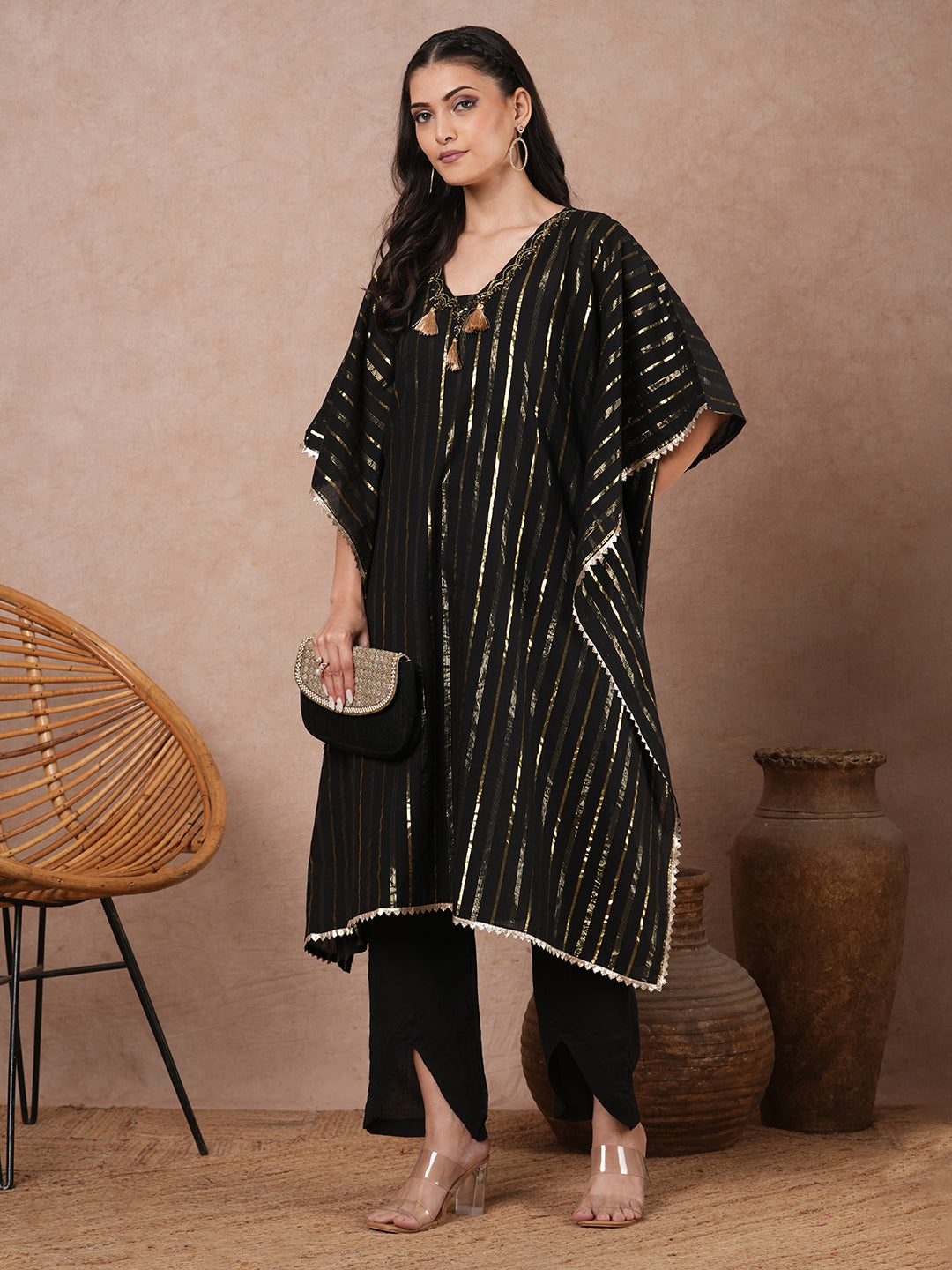 Lurex Striped & Embroidered Kaftan Kurta with Pant - Black