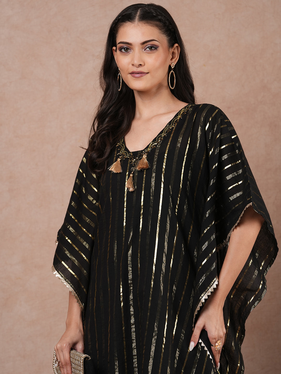 Lurex Striped & Embroidered Kaftan Kurta with Pant - Black