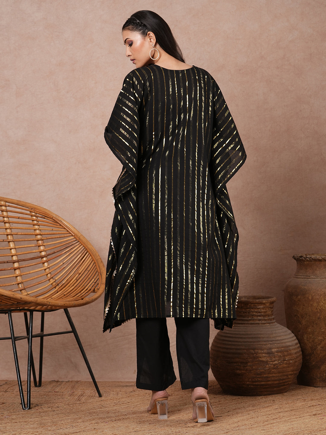 Lurex Striped & Embroidered Kaftan Kurta with Pant - Black