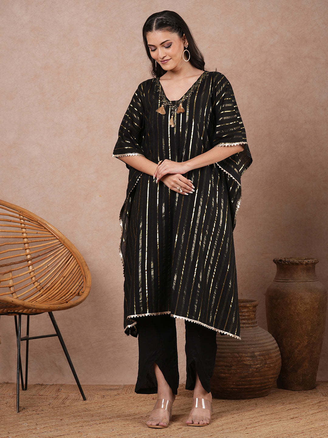 Lurex Striped & Embroidered Kaftan Kurta with Pant - Black