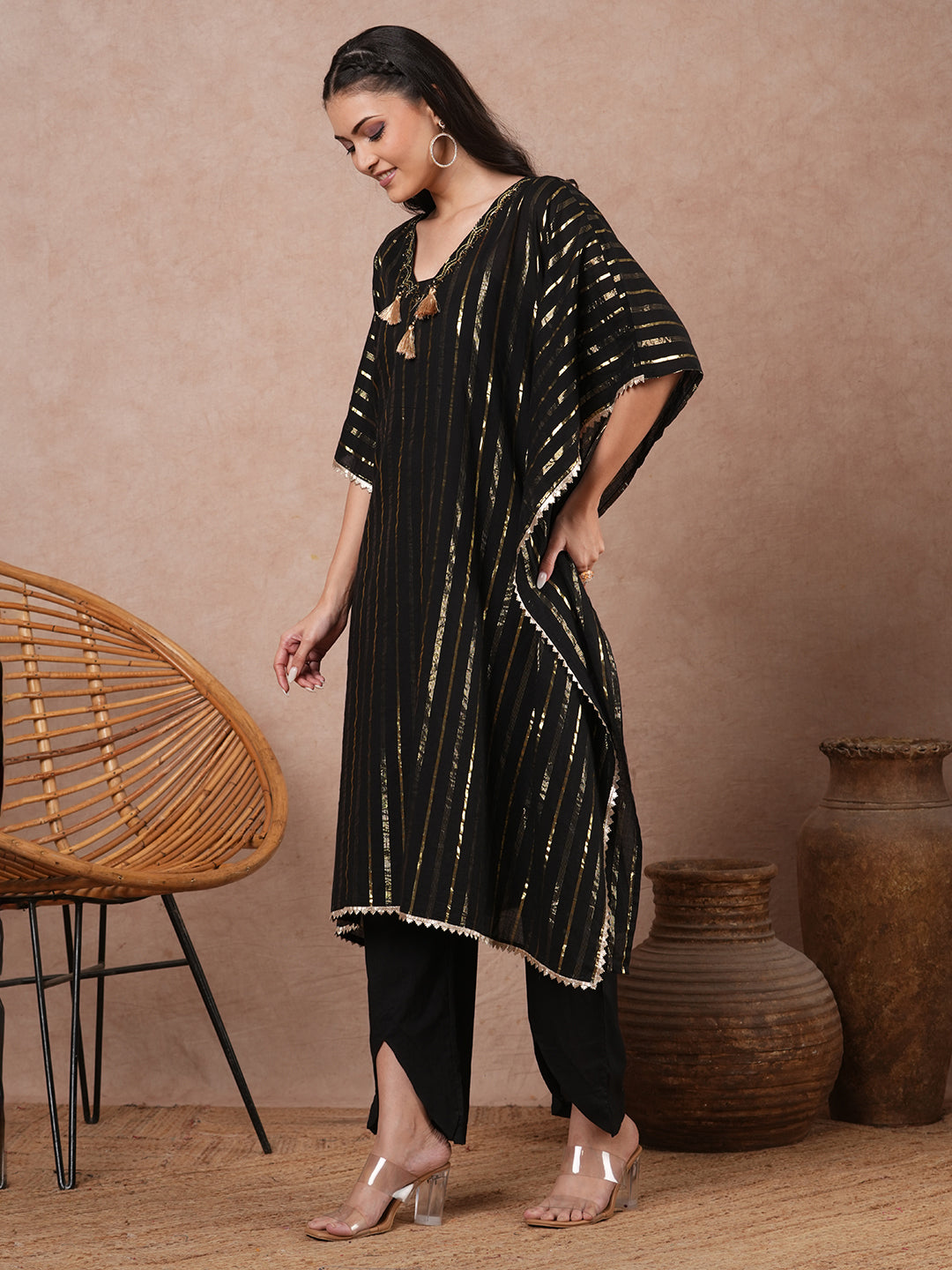 Lurex Striped & Embroidered Kaftan Kurta with Pant - Black