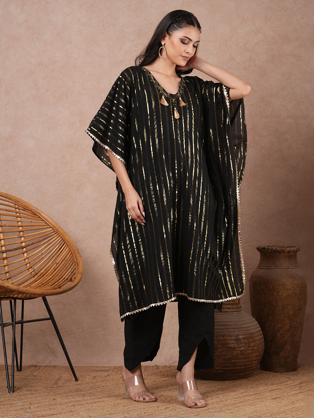 Lurex Striped & Embroidered Kaftan Kurta with Pant - Black