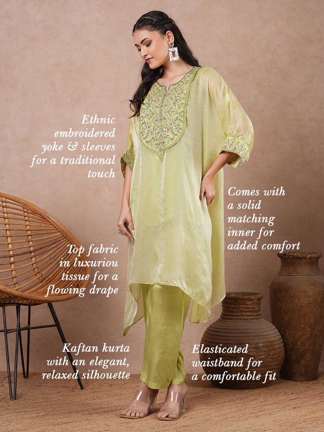Solid Ethnic Embroidered Kaftan Kurta with Pant - Green