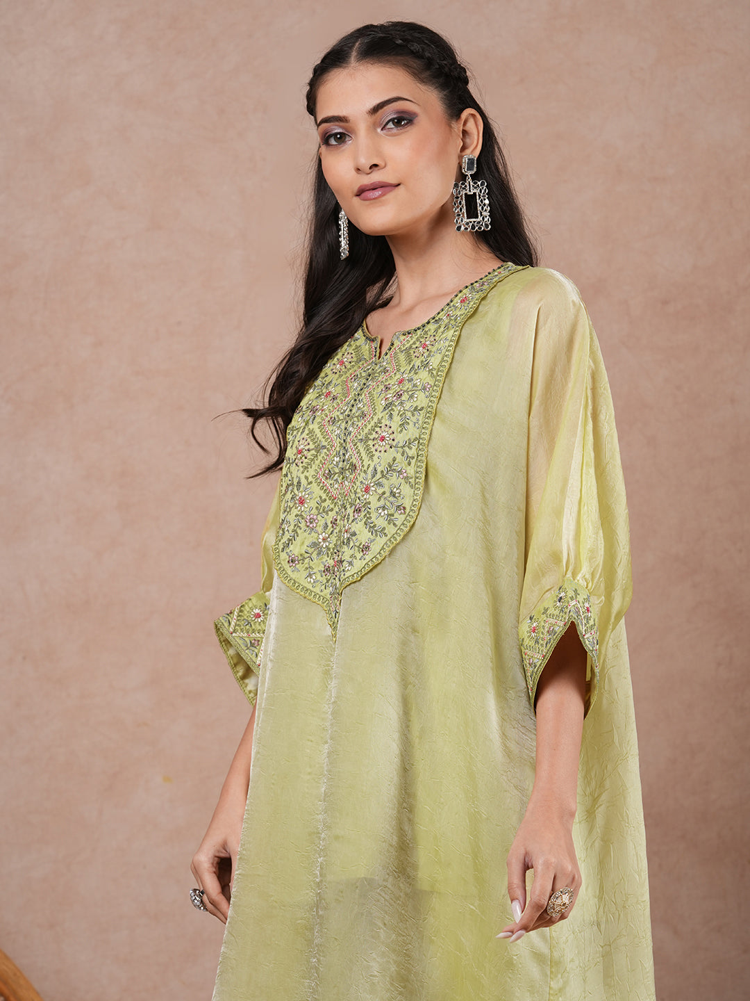 Solid Ethnic Embroidered Kaftan Kurta with Pant - Green