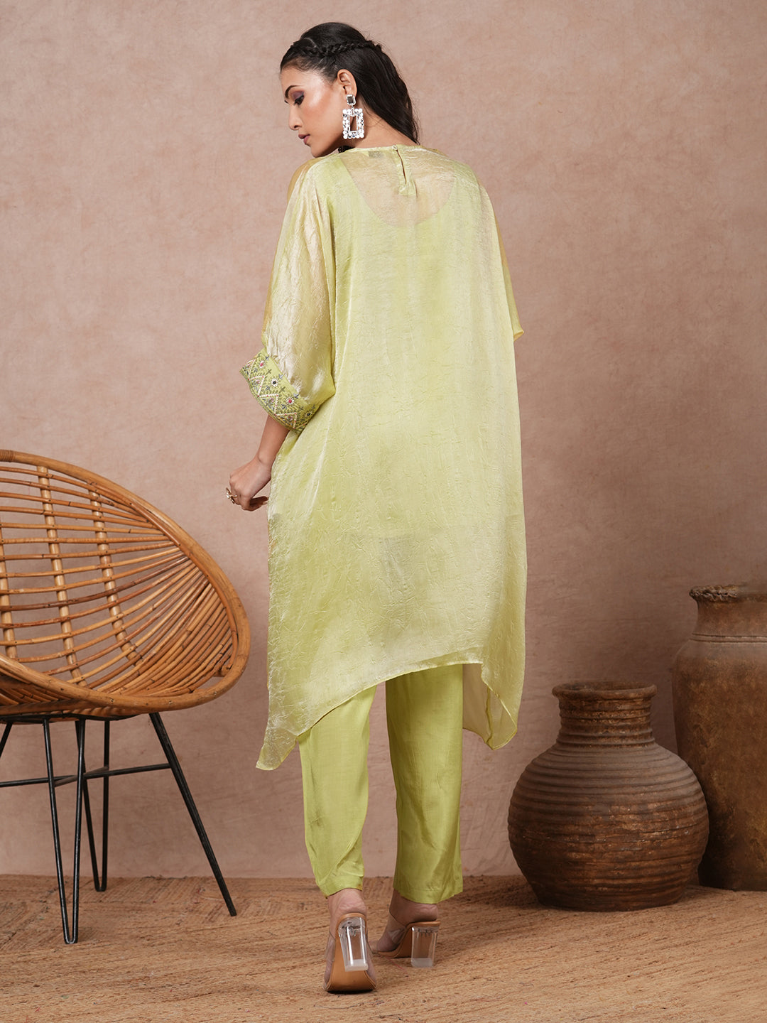 Solid Ethnic Embroidered Kaftan Kurta with Pant - Green