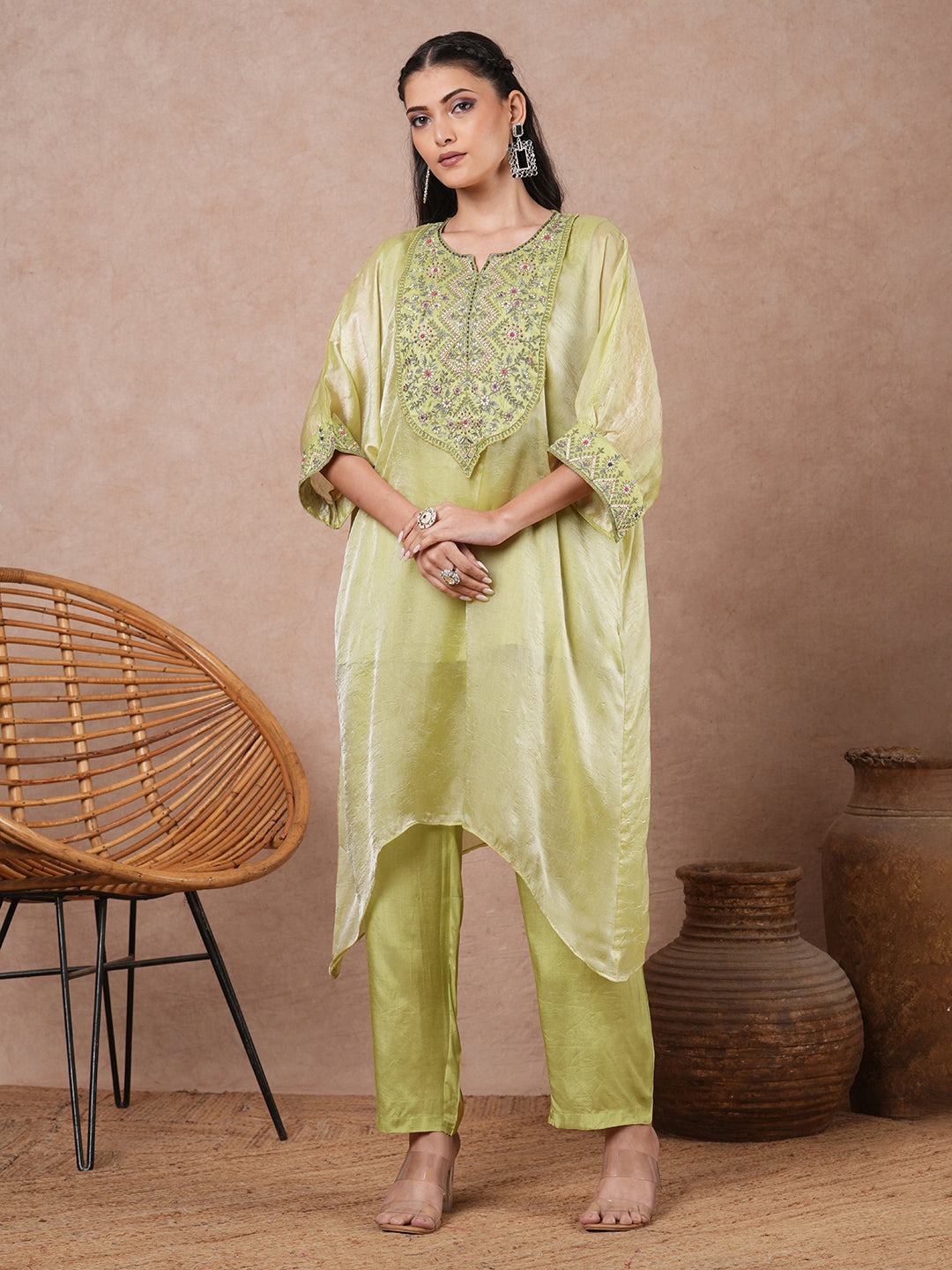 Solid Ethnic Embroidered Kaftan Kurta with Pant - Green