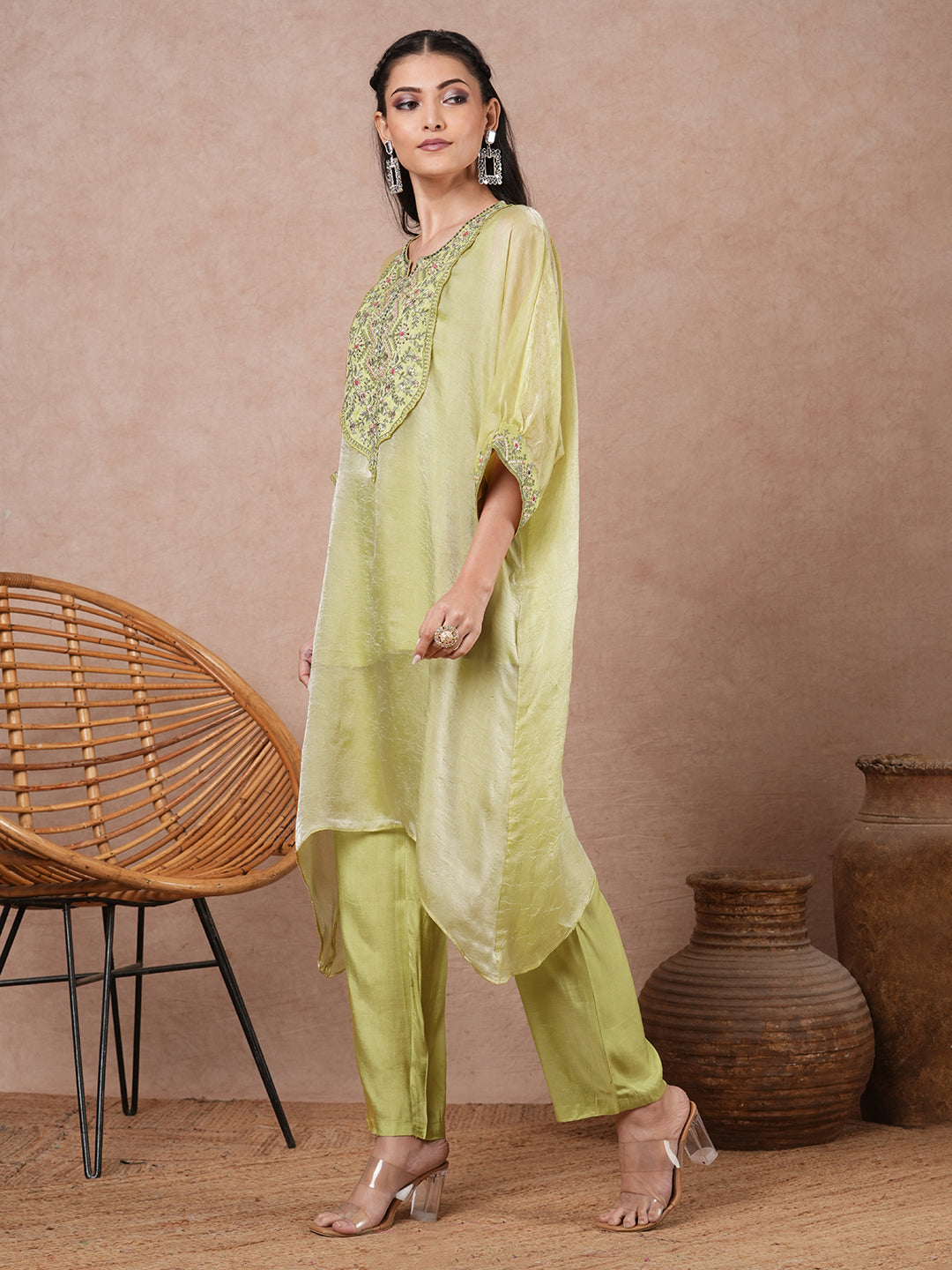 Solid Ethnic Embroidered Kaftan Kurta with Pant - Green