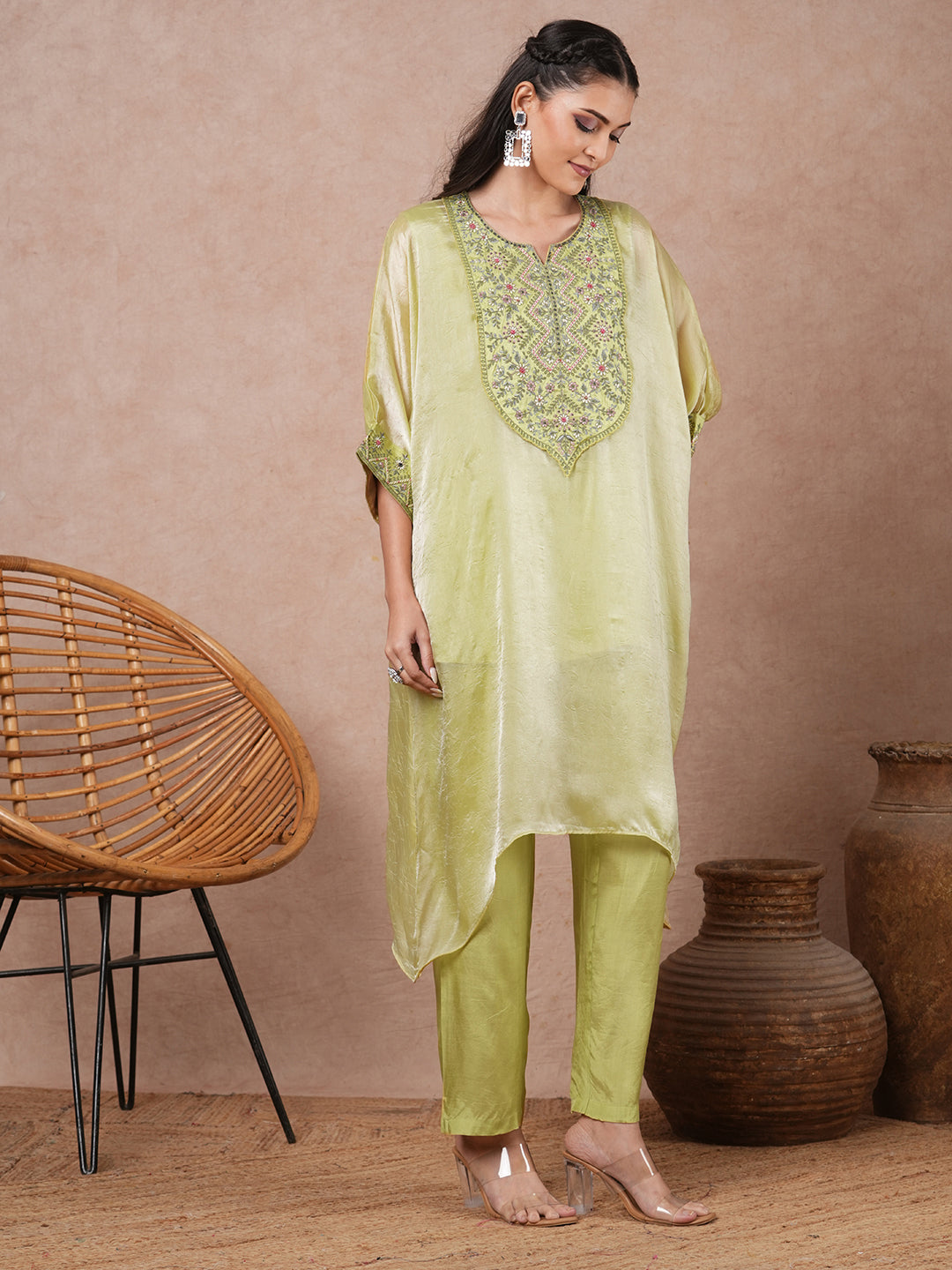 Solid Ethnic Embroidered Kaftan Kurta with Pant - Green