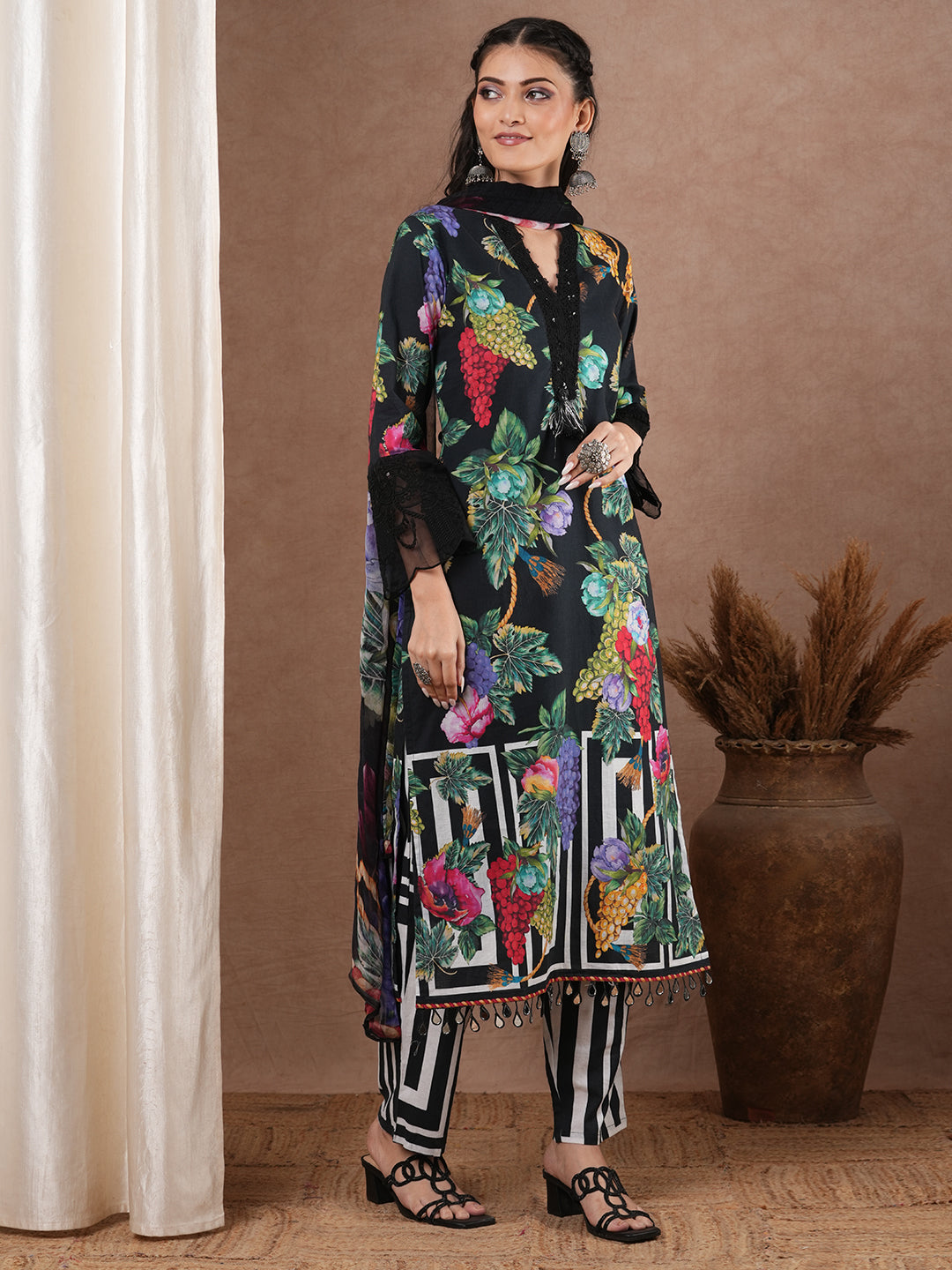 Abstract Tropical Printed & Embroidered Straight Kurta with Pant & Dupatta - Black