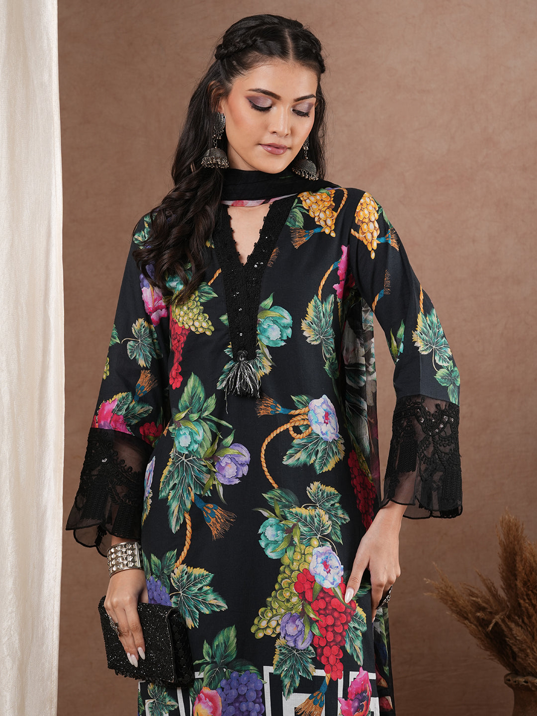 Abstract Tropical Printed & Embroidered Straight Kurta with Pant & Dupatta - Black