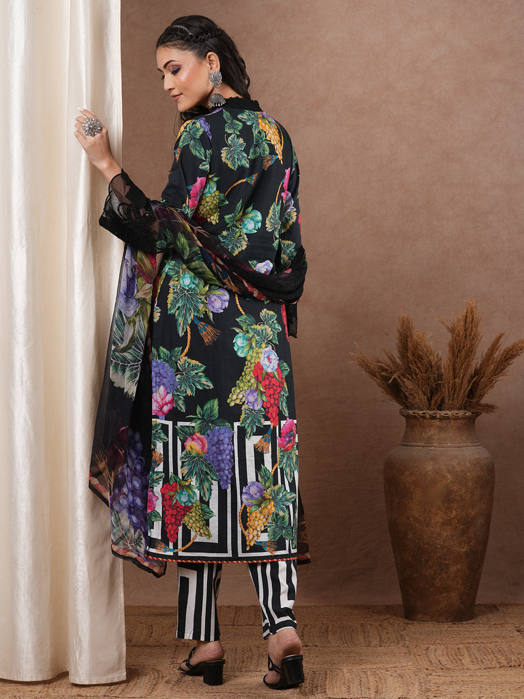 Abstract Tropical Printed & Embroidered Straight Kurta with Pant & Dupatta - Black
