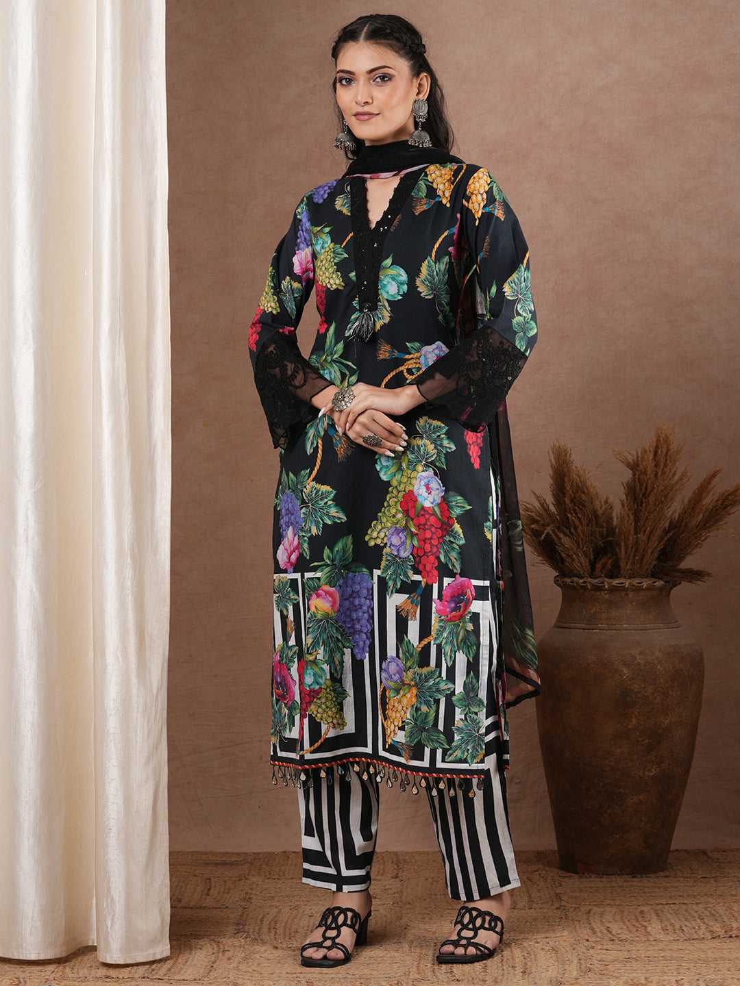 Abstract Tropical Printed & Embroidered Straight Kurta with Pant & Dupatta - Black