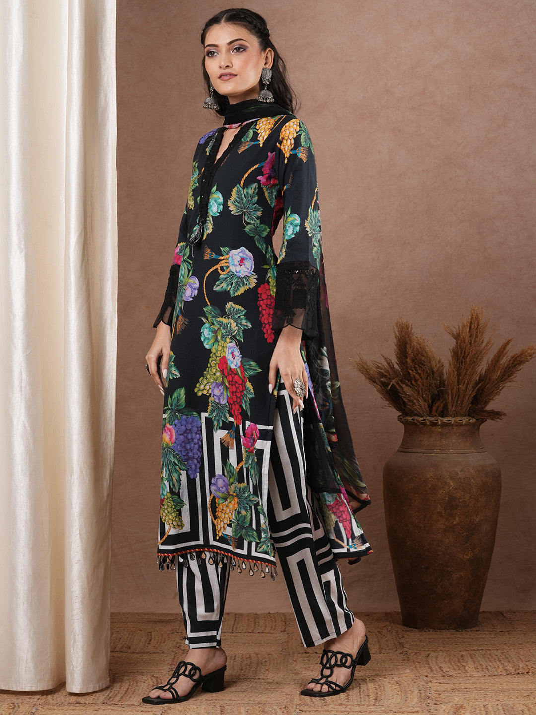 Abstract Tropical Printed & Embroidered Straight Kurta with Pant & Dupatta - Black