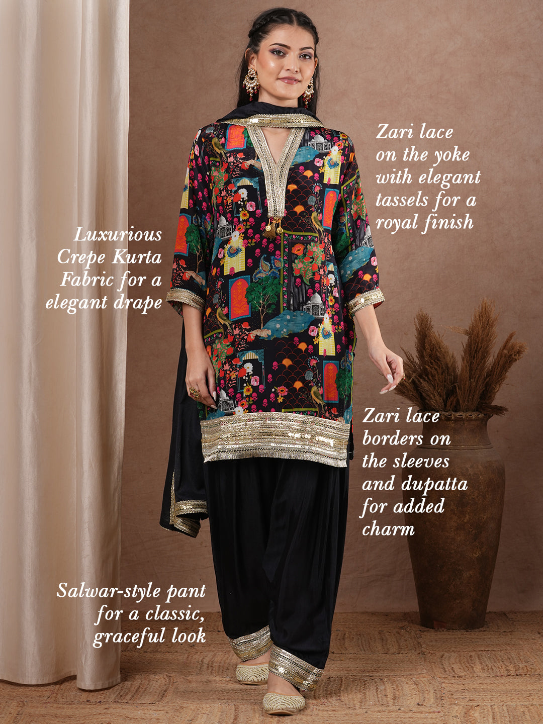 Abstract Floral Printed & Embroidered Straight Kurta with Pant & Dupatta - Black