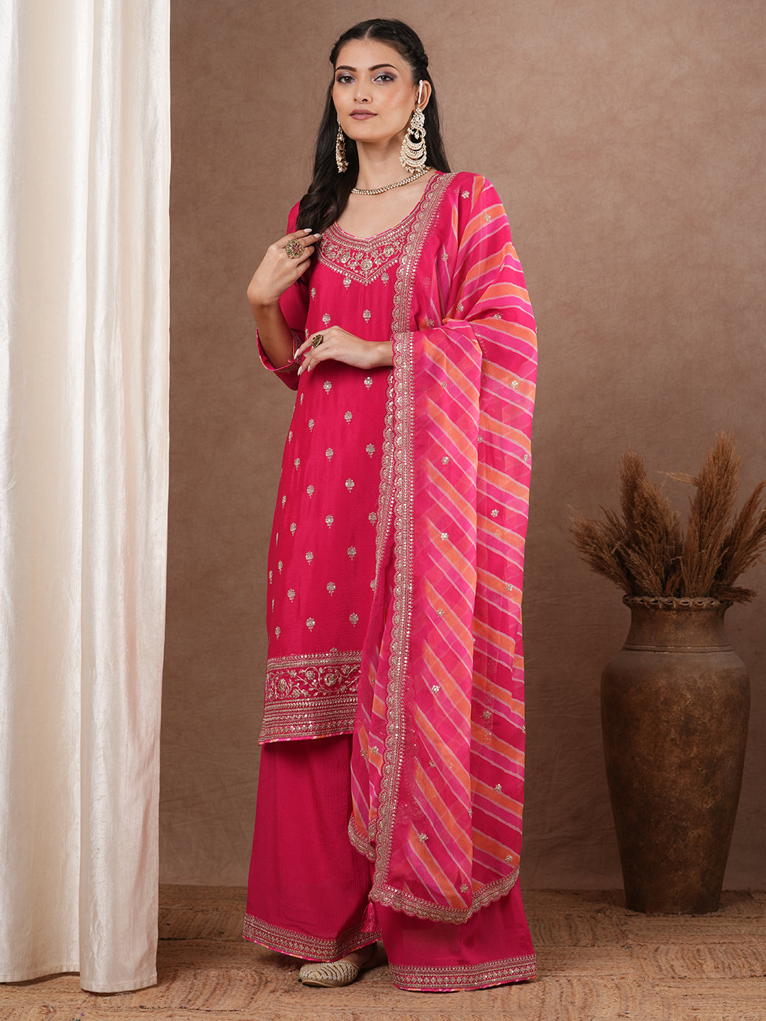 Ethnic Zari Embroidered Straight Kurta with Flared Palazzo & Leheriya Dupatta - Pink