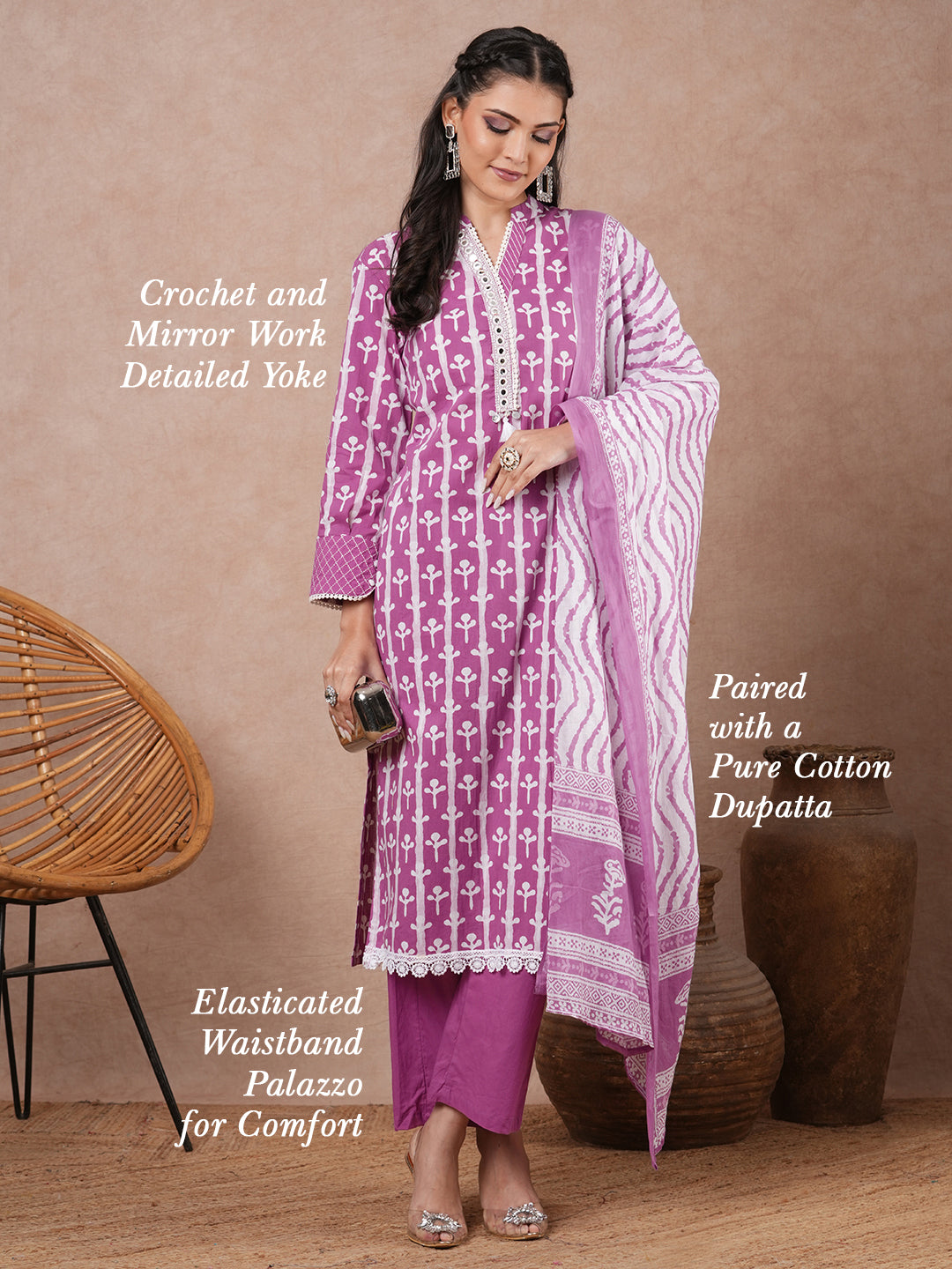 Ethnic Printed & Embroidered Straight Fit Kurta with Palazzo and Dupatta - Purple