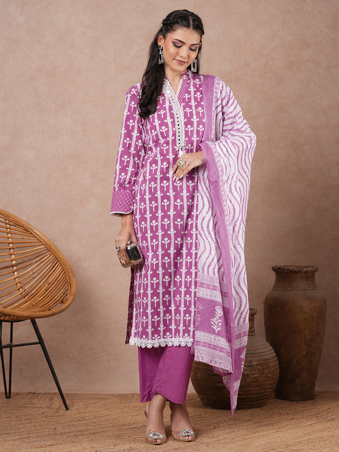 Ethnic Printed & Embroidered Straight Fit Kurta with Palazzo and Dupatta - Purple
